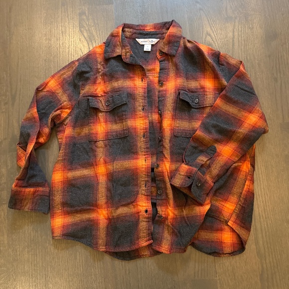 Old Navy Boyfriend Shirt Womens Medium Orange Plaid Flannel Evermore Swiftie - Picture 1 of 1